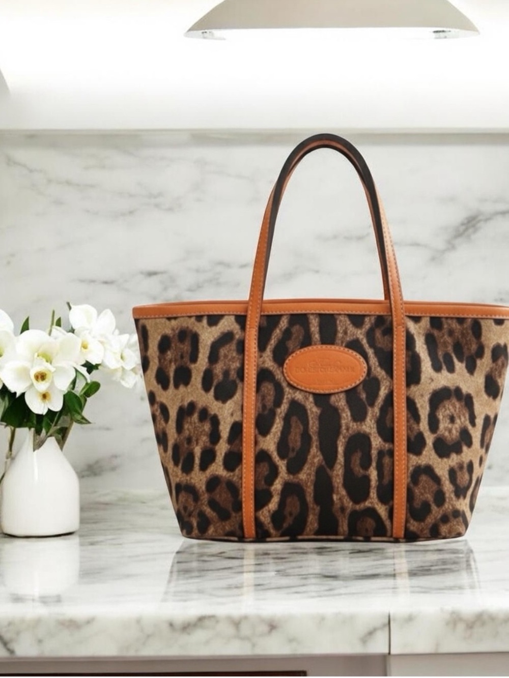 Dolce & Cabbana Leopard Print Tote Bag with Tan Trim Y2K - Picture 2 of 8